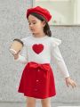 SHEIN Kids KDOMO Toddler Girls' Casual Flying Sleeve Heart Pattern T-Shirt, Skirt, Hat 3pcs/Set