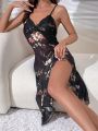 Floral Print Contrast Lace Split Thigh Mesh Cami Nightdress
