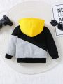 Fashionable Baby Boy Color Block Zip Up Casual Hooded Jacket