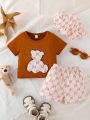 Infant Boys' Casual Simple Teddy Bear Pattern Short Sleeve Top With Letter Print Shorts Set Summer Outfits