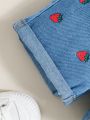 SHEIN Baby Girls' Cute Strawberry Pattern Stretch Waist Comfortable Soft Denim Shorts