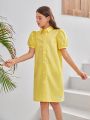 SHEIN Kids EVRYDAY Tween Girls' Woven Solid Color Turn-Down Collar Casual Shirt Dress