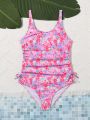 SHEIN Teenage Girl Floral Print One-Piece Swimsuit With Spaghetti Straps