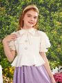 SHEIN Kids FANZEY Tween Girls' Frill Collar Bubble Sleeve Checkered & Tweed Mix Blouse With Button And Ruffle Hem Detail