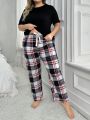 Plus Size Plain Top & Checkered Pants Pajama Set