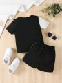 SHEIN 2pcs/set Boys' Casual Sports Short Sleeve Top And Shorts With Stylish Colorblock T-shirt, Summer