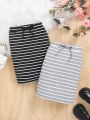 SHEIN Kids EVRYDAY Young Girls' Striped Bodycon Skirt Two Piece Set