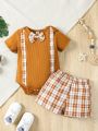 Baby Boys' Plaid Patchwork Bow Decorated Jumpsuit With Plaid Shorts Set