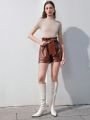 Anewsta High Waist Paper Bag Style Wide Leg Pu Leather Shorts