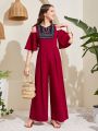 SHEIN Teen Girl's Embroidered Jumpsuit With Off-Shoulder Design And Wide Leg In Solid Color And Patchwork