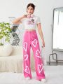 SHEIN Teen Girl's Twill Heart Patterned Casual Pants With Slanted Pockets