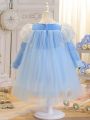 Young Girls' Sequin & Pearl Decorated Leg-Of-Mutton Sleeve Mesh Party Dress