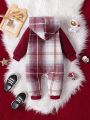 Baby Boy Plaid Print Hooded Teddy Lined Zipper Up Jumpsuit