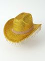 1pc Western Cowboy Hat With Bright Gold Color, Rhinestone & Tassel Decorations, Suitable For Parties, Stage Performance, And Gatherings For Both Men And Women