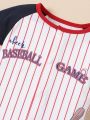 SHEIN Baby Boys' Casual Baseball Printed Short Sleeve Bodysuit, Suitable For Spring And Summer Outdoor Activities