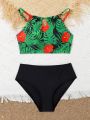 Girls' Random Tropical Print Bikini Swimsuit Set For Big Kids