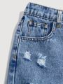 SHEIN Tween Girls' Water Washed, Distressed, Casual, Fashionable, High Stretch Denim Pants