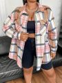 Plus Size Plaid Shirt With Drop Shoulder Sleeves And Flap Pockets