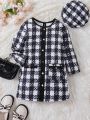 SHEIN Kids KDOMO Little Girls' Plaid Single-breasted Long Sleeve Dress With Hat
