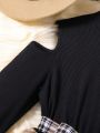 SHEIN Kids KDOMO Big Girls' Knit Rib And Woven Brushed Plaid Dress