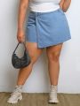 SHEIN CURVE+ Plus Size Denim Skirt With Irregular Hem, Slanted Pockets And Buttons