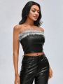 Icel New York Pu Leather Bustier Top With Fuzzy Detailing