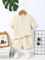 4pcs Baby Boy Summer Leisure Pure Color Textured Fabric Henry Neck Short-Sleeved Top And Shorts Set For Outdoor