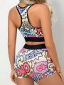 Women's Colorful All Over Printed Letter Lingerie Set