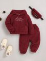 SHEIN Baby Boy And Child Casual Letter Embroidered Fleece Hooded Sweatshirt And Trousers Two-Piece Set