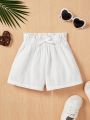 SHEIN Baby Girl Casual Sports Shorts With Ruffle Hem And Bow Decoration