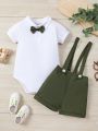 Baby Boys' Solid Color Polo Shirt With Suspenders Shorts Set