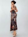 SHEIN Privé Women's Oil Painting Retro Print Long Dress With Hollow Back And Straps
