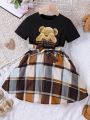 SHEIN Kids EVRYDAY Girls' Cute Bear Print Casual Plaid Dress