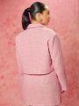 SHEIN BAE Plus Size Women'S Woolen Plaid Blazer With Rhinestone Button Decoration
