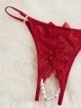 Lace Pearl Detail Bow Front Crotchless Thong