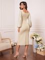 Contrast Sequin Lantern Sleeve Split Thigh Bridesmaid Dress