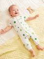 SHEIN Newborn Infant Boys' Four-Leaf Clover Pattern Round Neck Long Sleeves Jumpsuit With Front Snap