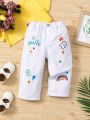 Baby Girls' White Jeans With Letter Embroidery & Wide Leg Fit
