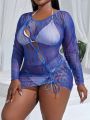 SHEIN Swim SXY Plus Size Hollow Out Drawstring Cover Up Without Swimsuit Set