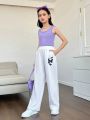 SHEIN Kids SUNSHNE Tween Girls' Loose Knitted Butterfly Patterned Casual Sweatpants