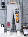 SHEIN Kids EVRYDAY Young Boy'S Cool Outdoor Elastic Waist Smile & Letter Pattern Cargo Pants