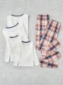 Men'S Olive Rugby Letter Print Round Neck Long Sleeve Top And Checkered Pants Homewear Set