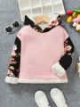 SHEIN Kids SUNSHNE Teenage Girls' Loose Knit Color Block Floral Pattern Hoodie, Casual