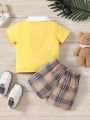 2pcs Baby Boys' Plaid Shirt And Top Set