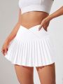Tennis Casual Solid Color V-Waist Pleated Athletic Midi Skirt
