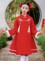 Big Girls' Festive Red Color Block Net Yarn Chinese Dress For Autumn And Winter