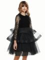 Tween Girl Contrast Lace Mesh Overlay Party Dress