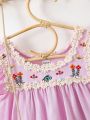Toddler Girls Floral Embroidery Ruffle Trim Smock Dress