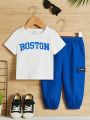 SHEIN Baby Boy Casual Letter Printed Top And Cargo Pants 2pcs Outfit