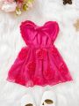 SHEIN Baby Girls' Romantic And Gorgeous 3d Rose Flower Mesh Tulle Photoshoot Dress In Rose Red
